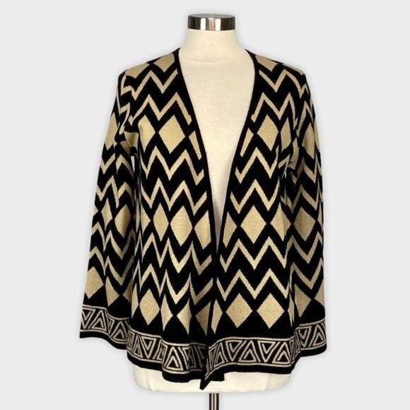 Alfred Dunner Womens Tis the Season Gold Black Cardigan Sweater size Medium - Picture 2 of 12